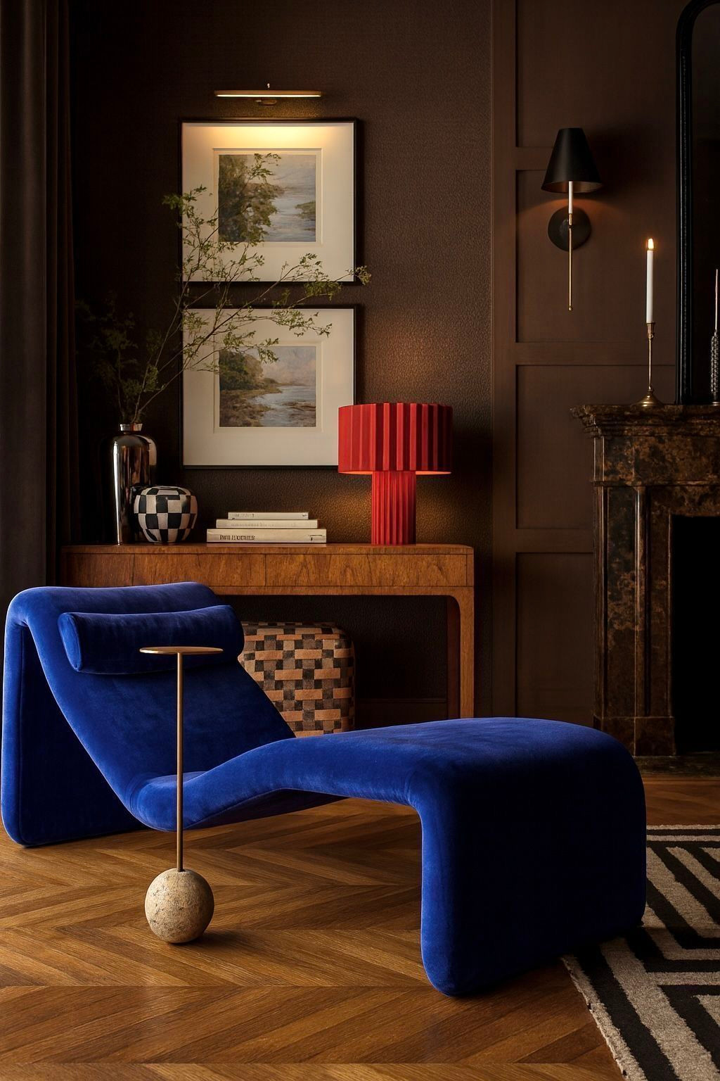 A Study in Warmth and Contrast Warm Living Room with Deep Mauve Walls and Blue Chaise