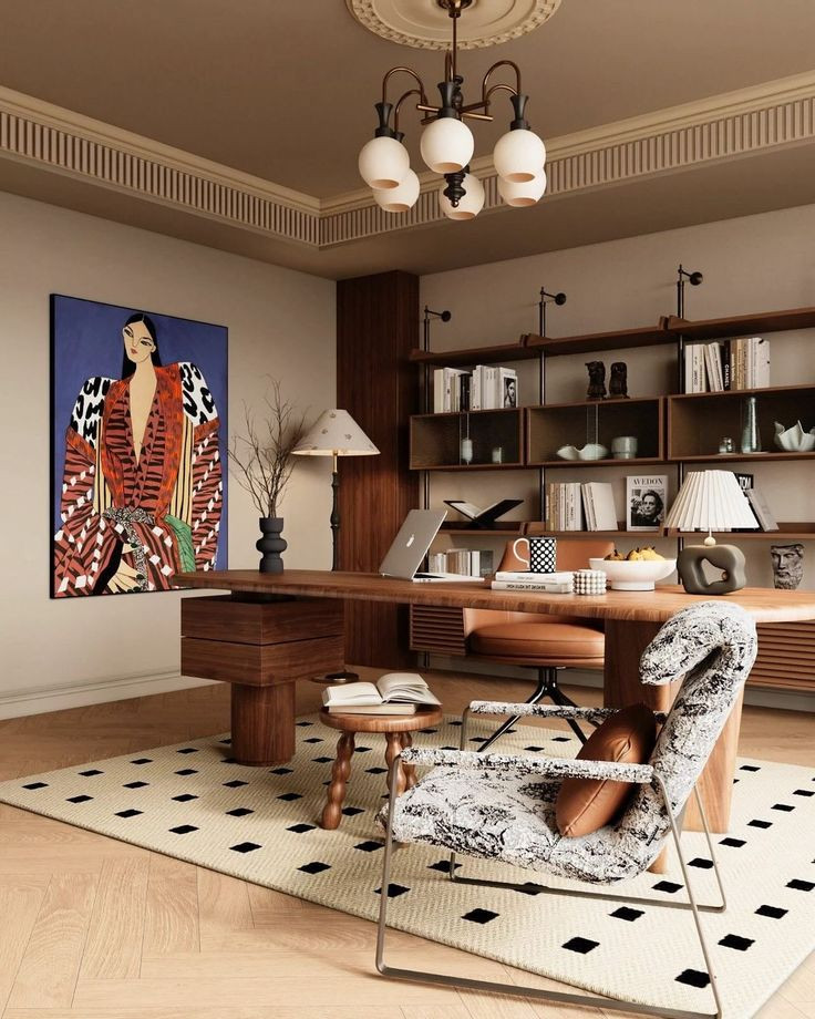 Colorful Home Office with Warm Wood and Balanced Design Home office with warm wood tones, colorful artwork, and a balanced mix of textures creating a vibrant yet harmonious workspace.