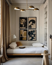 Minimal Neutral Bedroom with Soft Textures and Curated Wall Art Minimal bedroom with soft neutral tones, light wood furniture, layered textiles, and curated wall art creating a calm and intimate atmosphere.