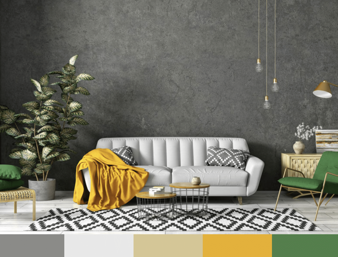 Interior Design Example Showing Multiple Color Hues Living room featuring a mix of distinct hues including green, yellow, gray, and neutral tones, illustrating the concept of color variety in interior design