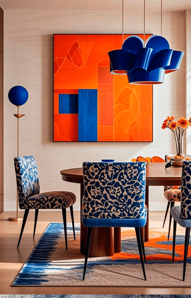 Complementary Color Scheme Example in Interior Design interior design example of complementary colors with orange sofa and blue accents in modern living room