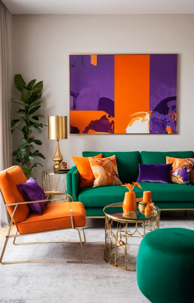 Balancing Contrast with a Triadic Palette Interior combining green, orange, and purple tones in a triadic color scheme, creating contrast while maintaining visual balance