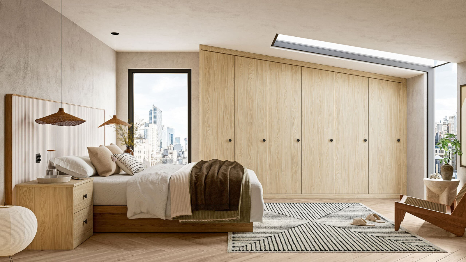 Luxury bedroom with beige and green tones, soft textures, and warm lighting creating a calm and sophisticated atmosphere.