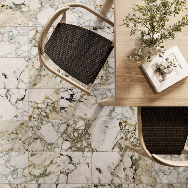 Jeffrey Court - Chapter 17 Marmo Viaggio-Calacatta Verde Medium Calacatta Verde marble-look tile with green veining used on flooring, reflecting the Jade Terrain trend with natural mineral tones and organic variation