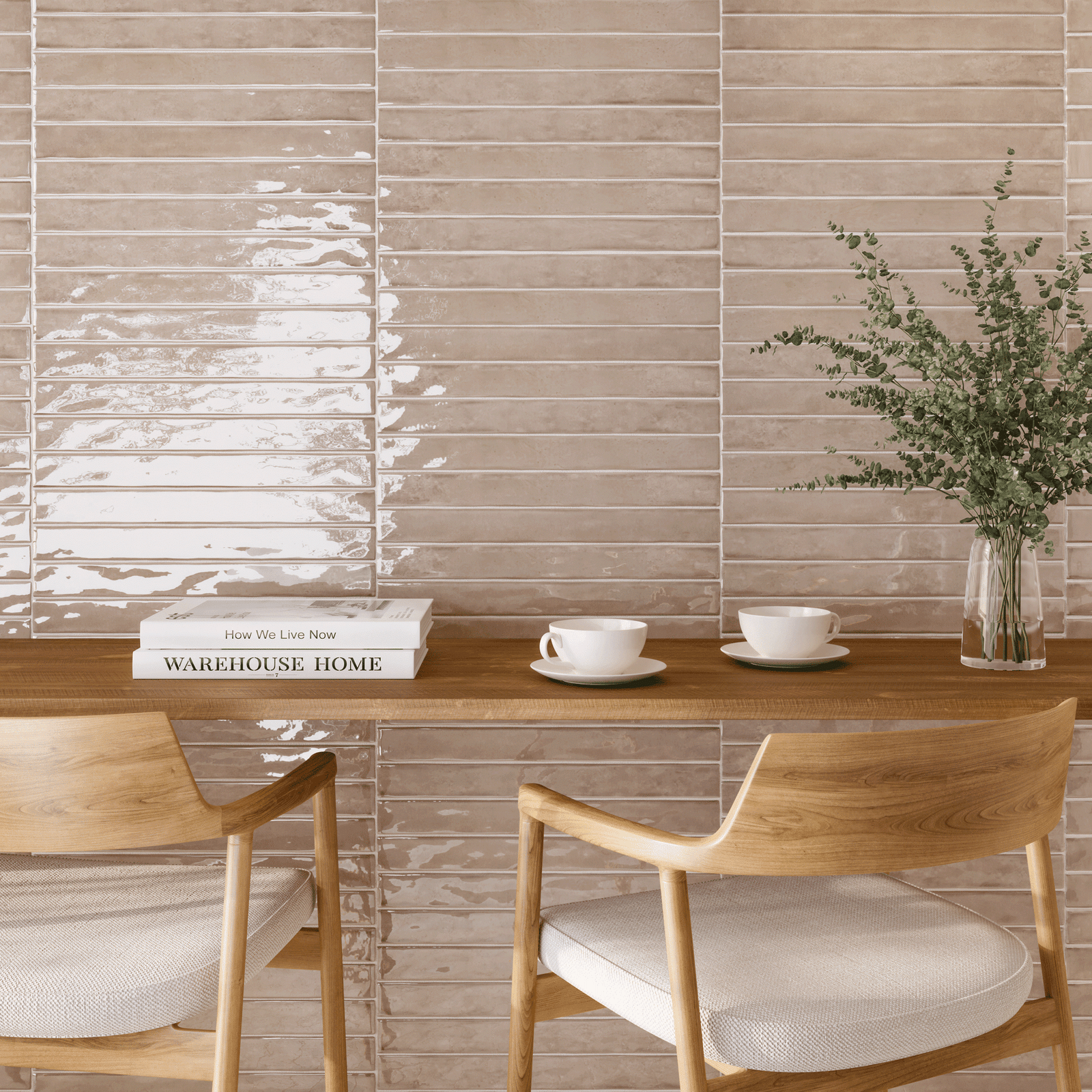ROCA_TILE_USA_web-05im0000_Post00-low-resolution-v2-5000h samantha 2025-12-09 Linear textured wall tile in soft neutral tones used as a backsplash, creating subtle rhythm and depth through horizontal lines in a warm, minimal interior